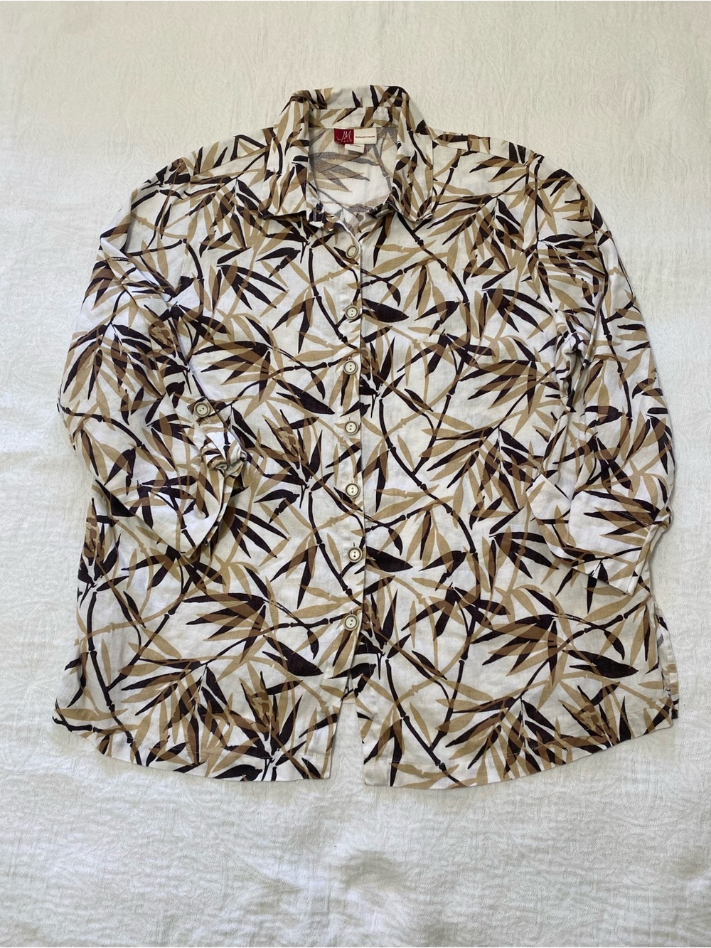 JM Collection Women Top 18W Linen Button Shirt 3/4 Sleeve Beige Brown